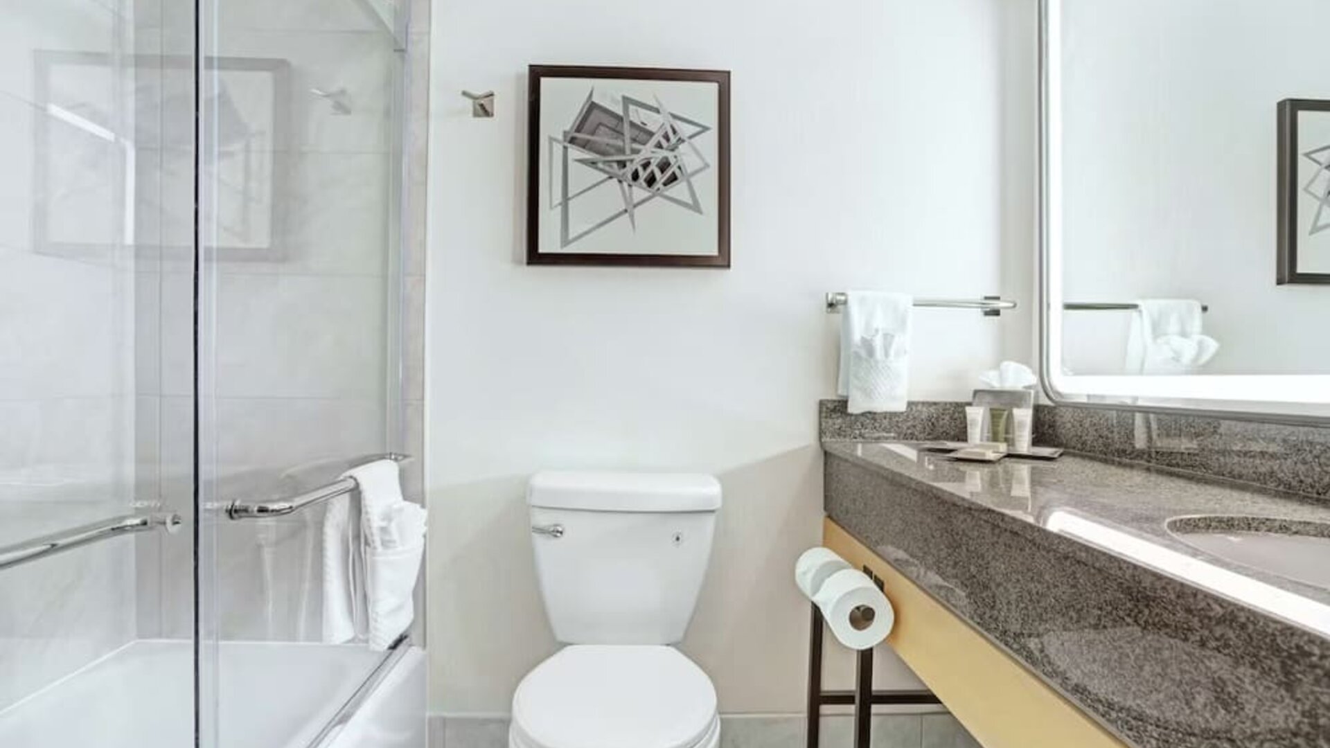 Guest bathroom with shower at Hilton Crystal City At Washington Reagan National Airport.