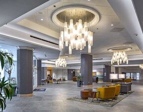 Lobby and coworking lounge at DoubleTree By Hilton Modesto.