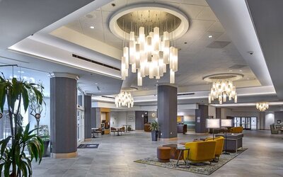 Lobby and coworking lounge at DoubleTree By Hilton Modesto.
