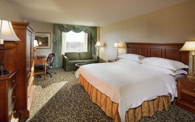 Spacious king room with king size bed, sofa and work desk at DoubleTree By Hilton Lisle-Naperville.