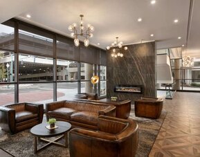 Lobby and coworking lounge at DoubleTree By Hilton Canton Downtown.