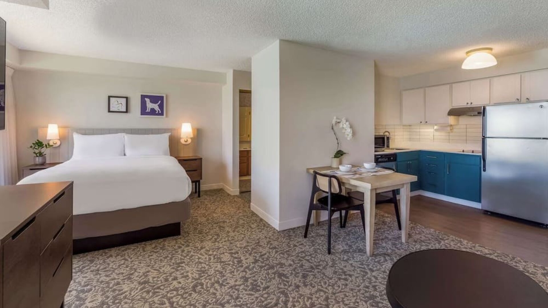 Suite with workspace and in-room kitchen at Sonesta ES Suites Austin The Domain Area.
