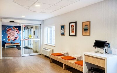 Lobby workspace at Sonesta Simply Suites Jersey City.