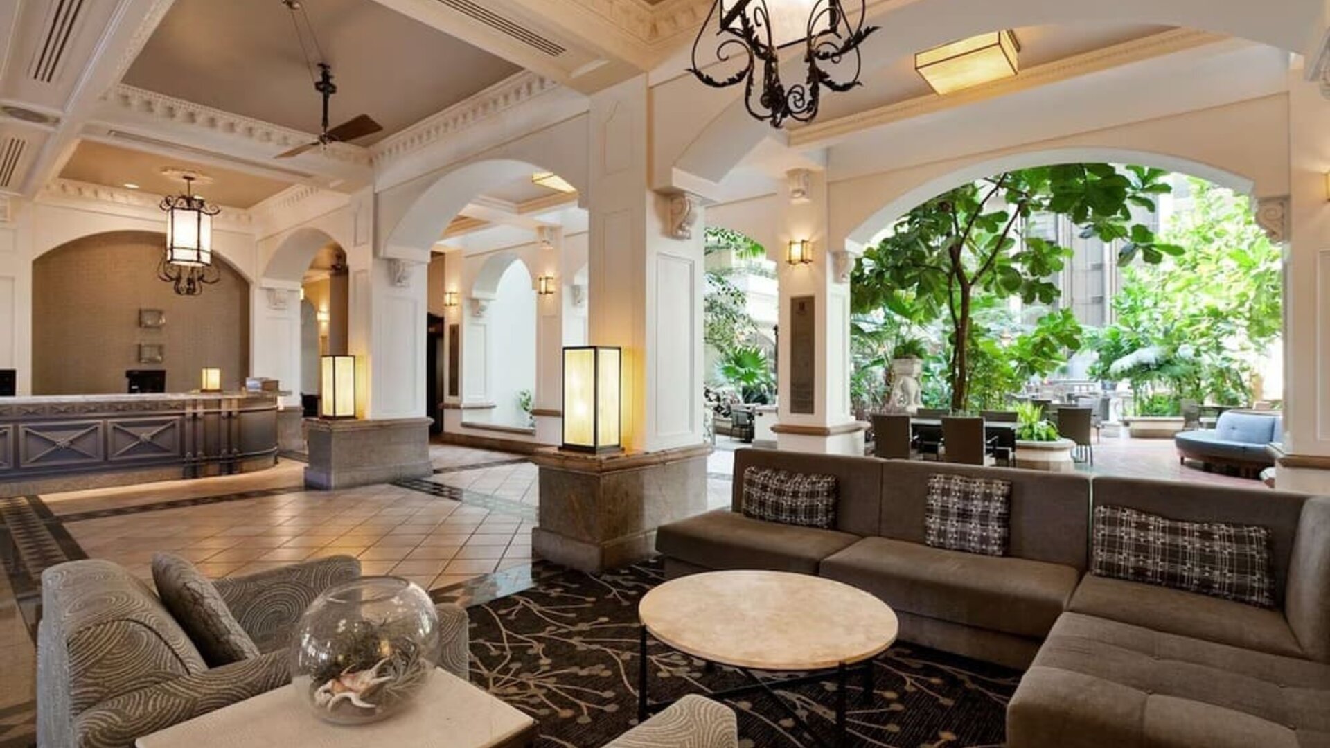 Lobby and coworking lounge at Embassy Suites By Hilton San Francisco Airport Waterfront.