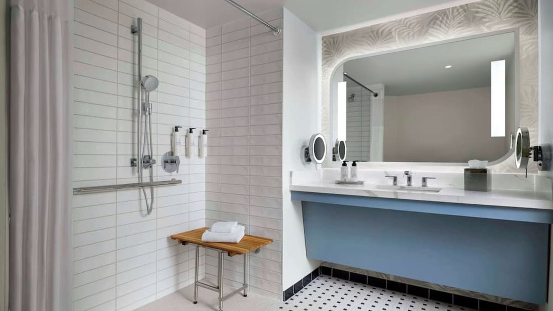Accessible guest bathroom with shower at Sonesta Los Angeles Airport LAX.