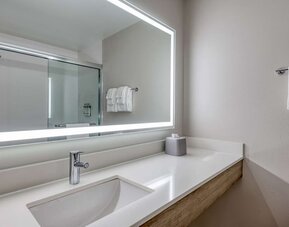 Private guest bathroom with shower and free toiletries at Holiday Inn Express & Suites Bensenville - O'Hare.
