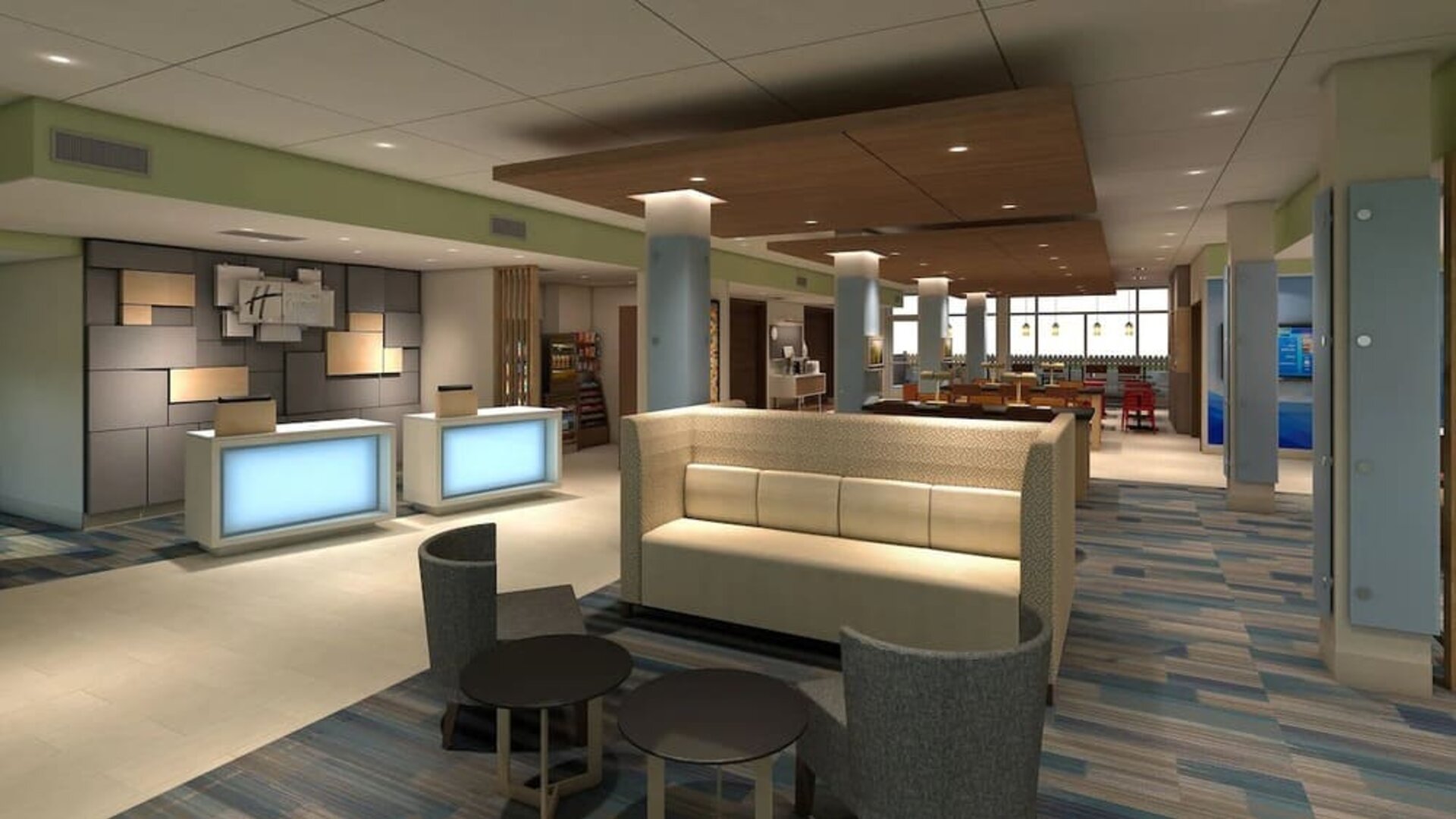 Lobby lounge perfect for coworking at Holiday Inn Express & Suites Bensenville - O'Hare.