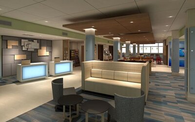 Lobby lounge perfect for coworking at Holiday Inn Express & Suites Bensenville - O'Hare.