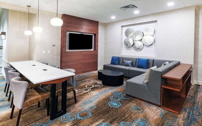 Lobby and coworking lounge at DoubleTree By Hilton Tulsa-Downtown.

