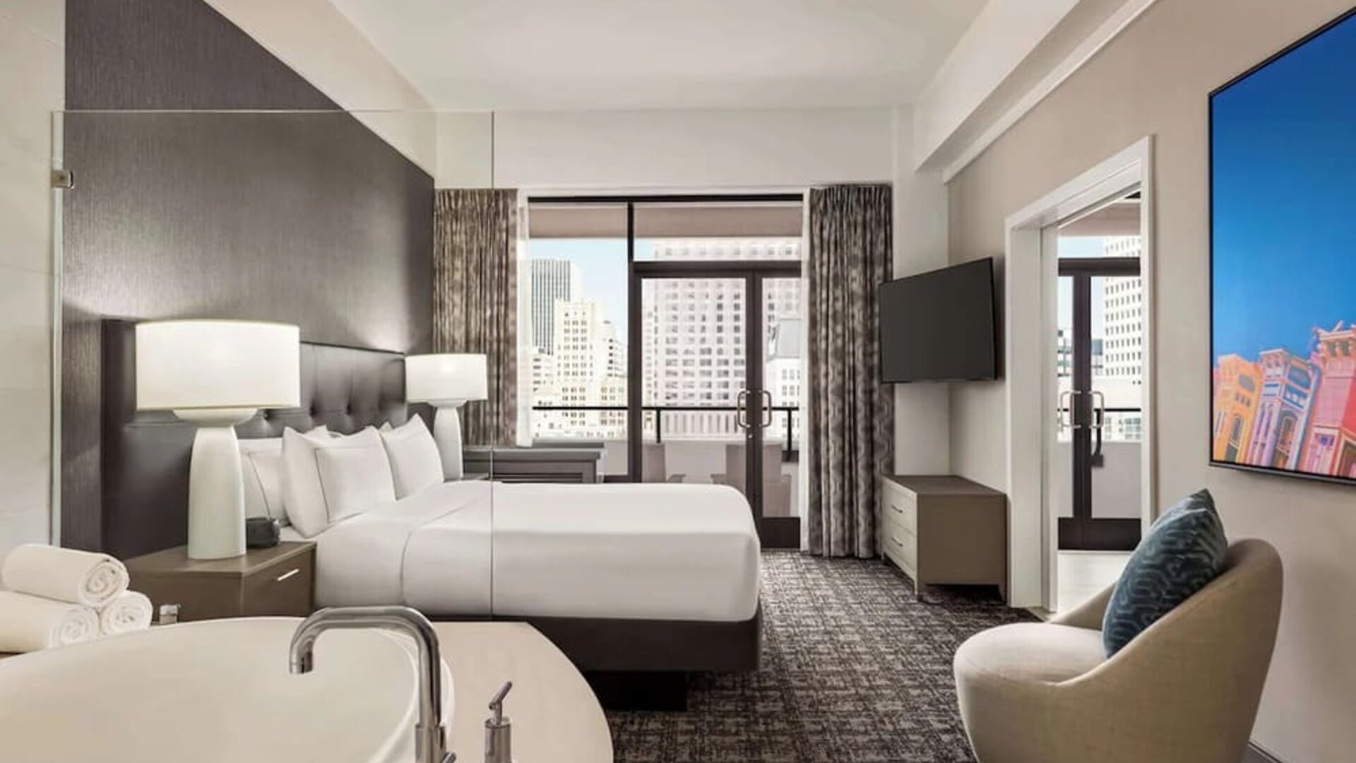 Day use room with tub and balcony at Hilton San Francisco Financial District.