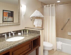 Guest bathroom with shower and tub at DoubleTree By Hilton Albuquerque.