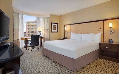 Spacious king room with TV and work area ideal for working remotely at Hilton Rosemont/Chicago O'Hare.