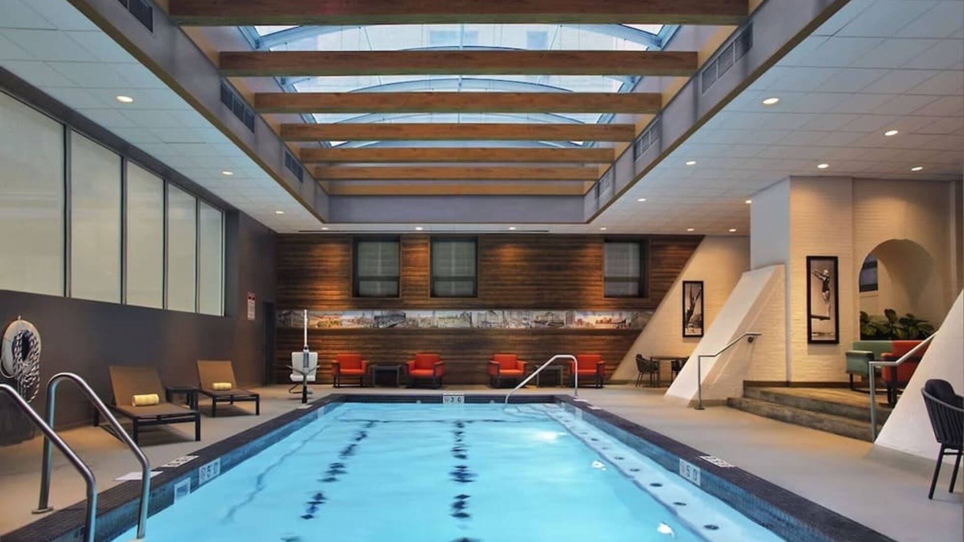 Bright-lit indoor pool at Palmer House A Hilton Hotel.