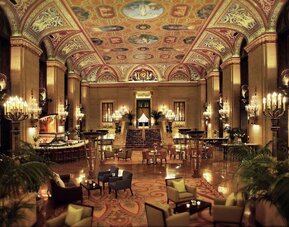 Romantic lobby and coworking lounge at Palmer House A Hilton Hotel.