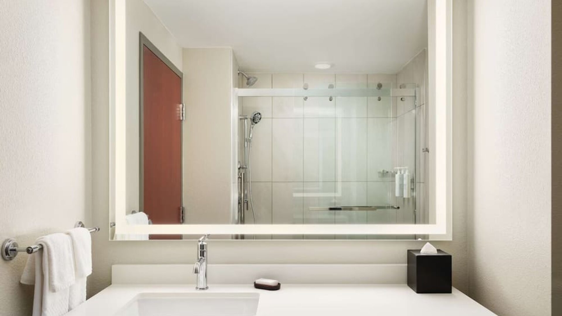 Guest bathroom with shower at Embassy Suites By Hilton Hampton Convention Center.