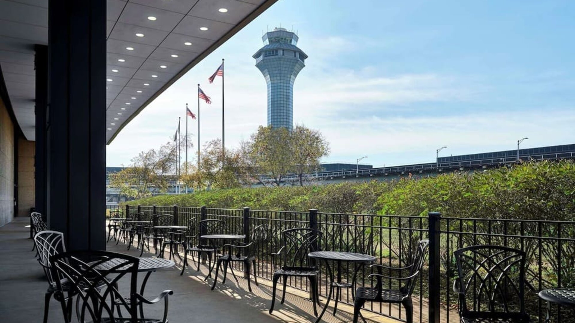 Outdoor seats at Hilton Chicago O'Hare Airport.