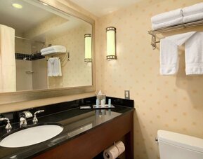 Guest bathroom with shower at Hilton Chicago O'Hare Airport.