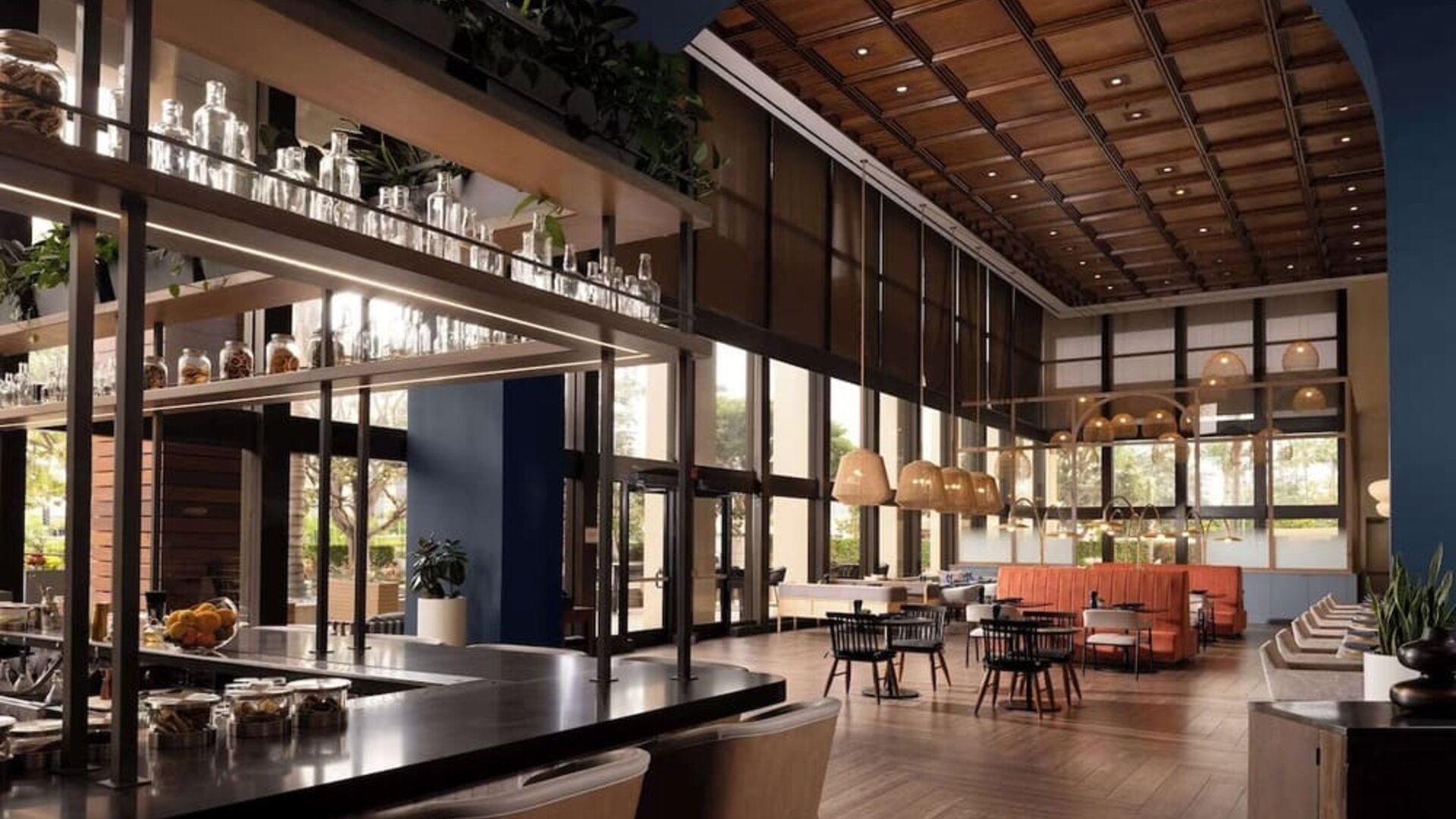Dining area with natural light perfect for coworking at Hotel Fera Anaheim, A DoubleTree By Hilton.