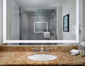 Guest bathroom with shower at Hotel Fera Anaheim, A DoubleTree By Hilton.