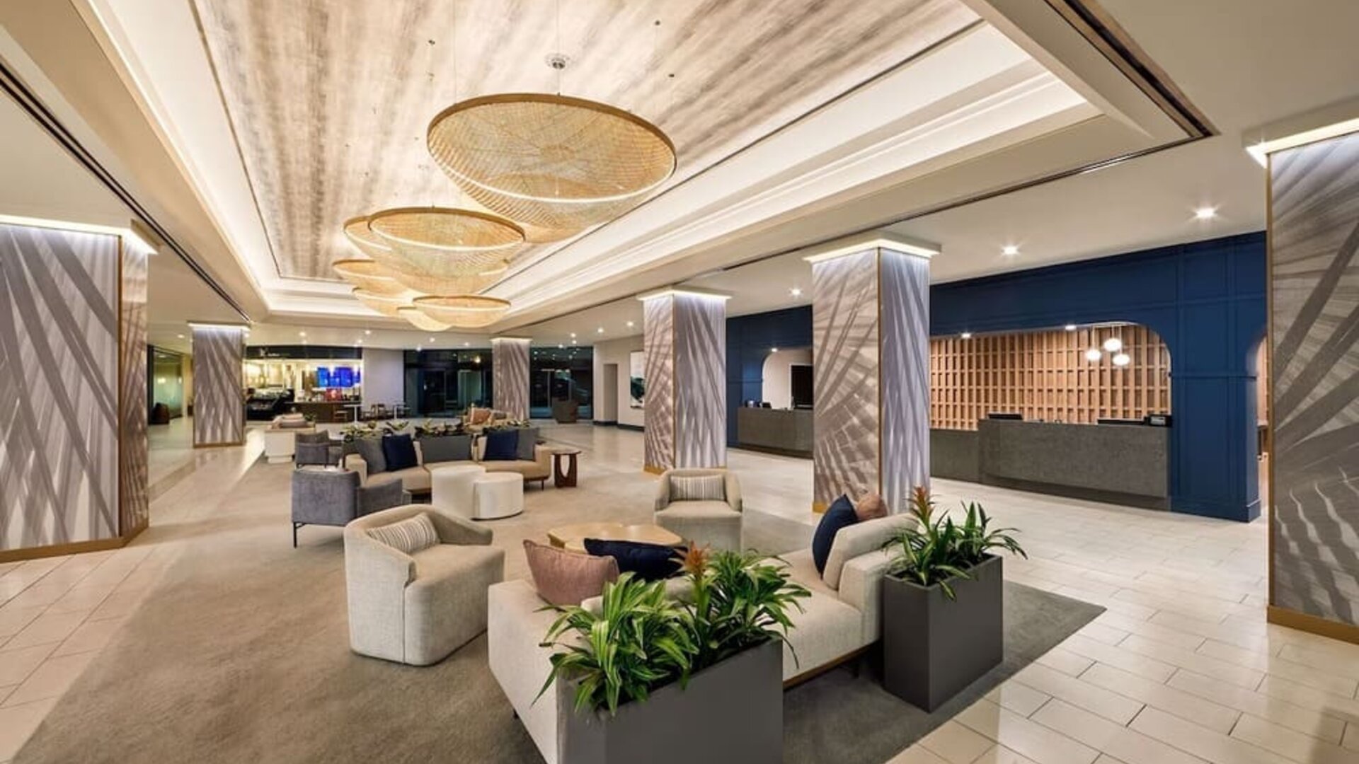 Lobby and coworking lounge at Hotel Fera Anaheim, A DoubleTree By Hilton.