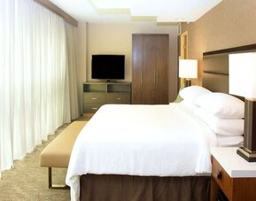 Comfortable king room with TV and natural light at Embassy Suites By Hilton Seattle-North-Lynnwood.