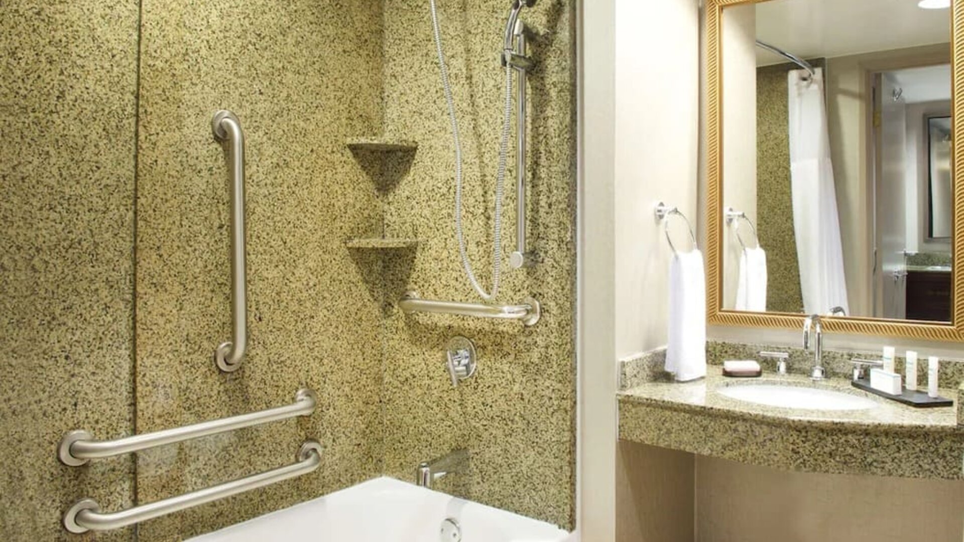 Guest bathroom with shower and tub at Embassy Suites By Hilton Seattle-North-Lynnwood.