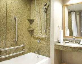 Guest bathroom with shower and tub at Embassy Suites By Hilton Seattle-North-Lynnwood.
