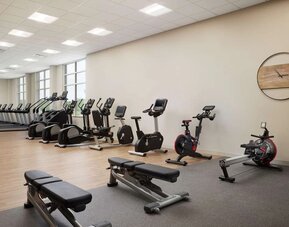 Fully-equipped fitness center at Hilton Charlotte Airport.
