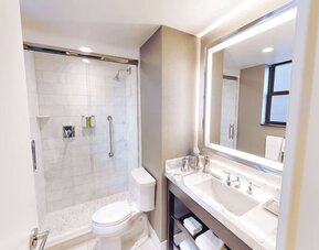 Guest bathroom with shower at Hilton Chicago.