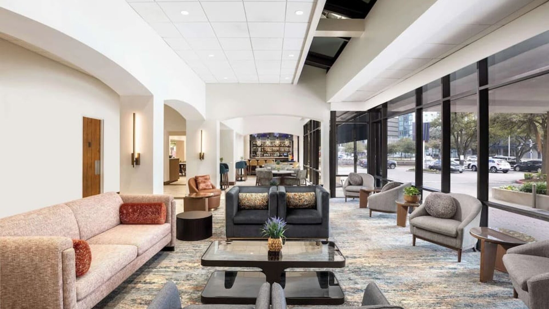 Lobby and coworking lounge at Doubletree By Hilton Houston Medical Center Hotel & Suites.