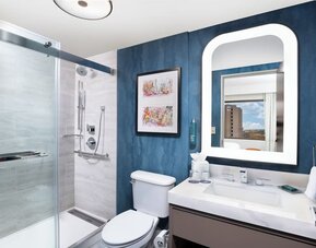 Guest bathroom with shower at Doubletree By Hilton Houston Medical Center Hotel & Suites.