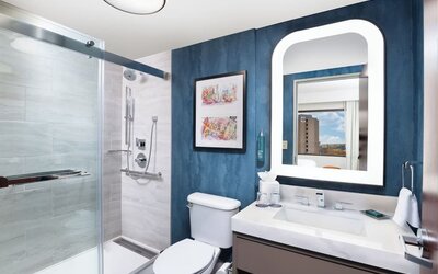 Guest bathroom with shower at Doubletree By Hilton Houston Medical Center Hotel & Suites.