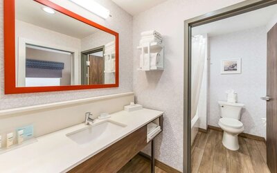 Private guest bathroom with shower and free toiletries at Hampton Inn & Suites Benton Harbor.