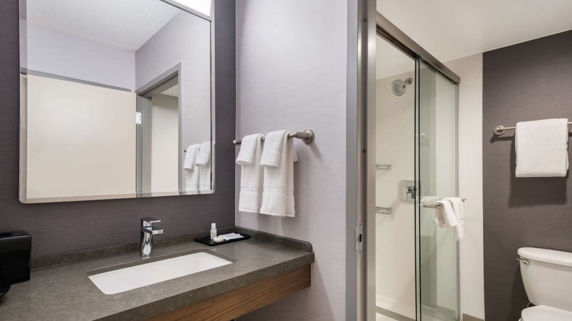 Private guest bathroom with shower and free toiletries at Sonesta Select San Jose Airport.
