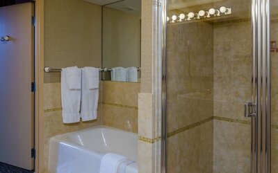 Guest bathroom with shower and tub at Beacon Hotel.