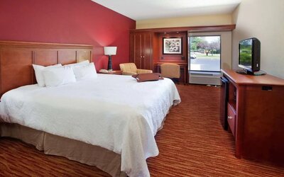 King room with TV screen, work desk and sofa at Hampton Inn Columbus-East.