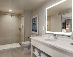 Private guest bathroom with shower and free toiletries at Embassy Suites By Hilton Panama City Beach Resort.