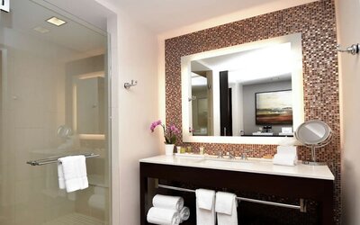 Guest bathroom with shower at Hilton Dallas/ Plano Granite Park.