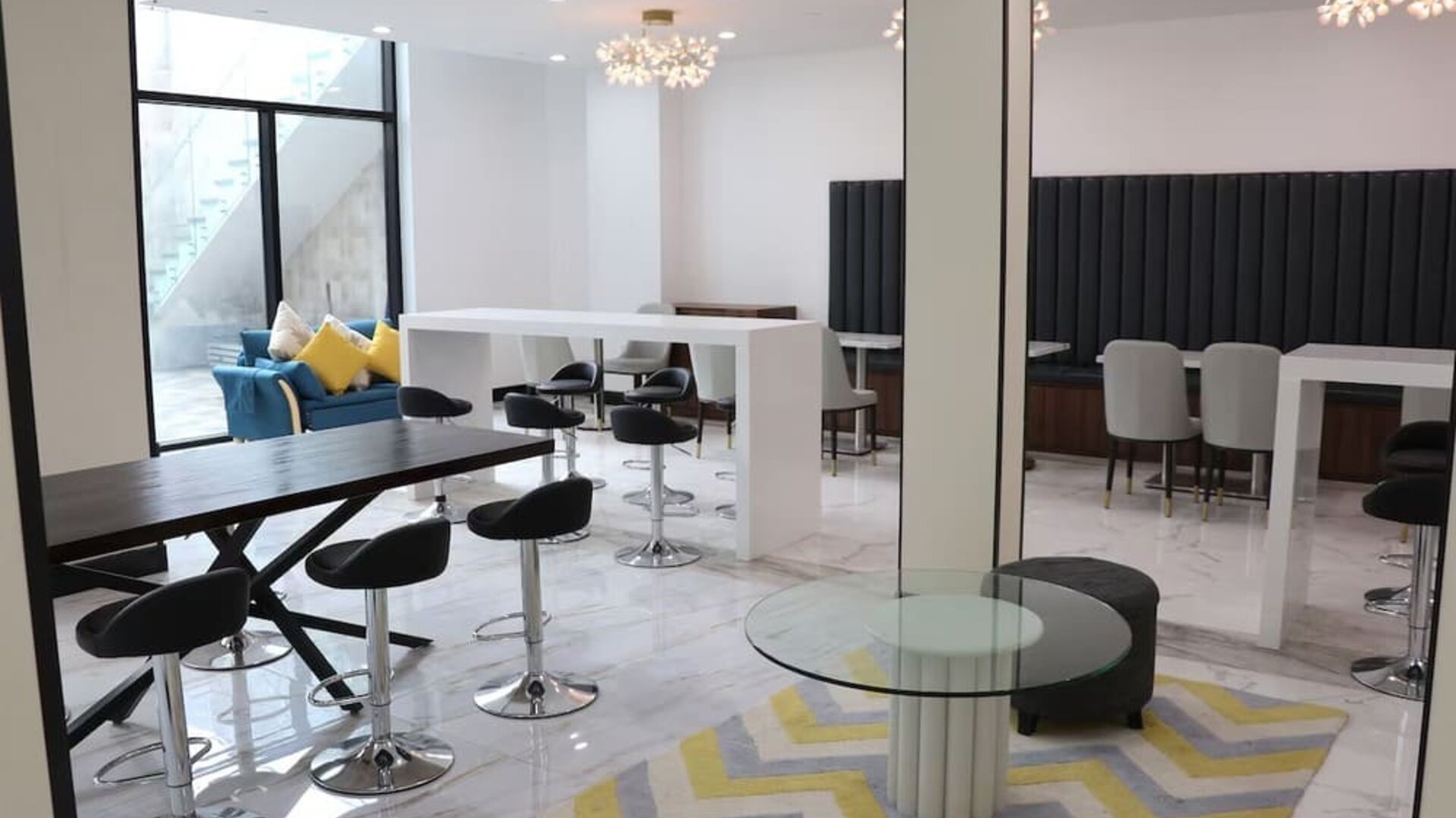 Lobby and coworking lounge at Liberty View Brooklyn Hotel.