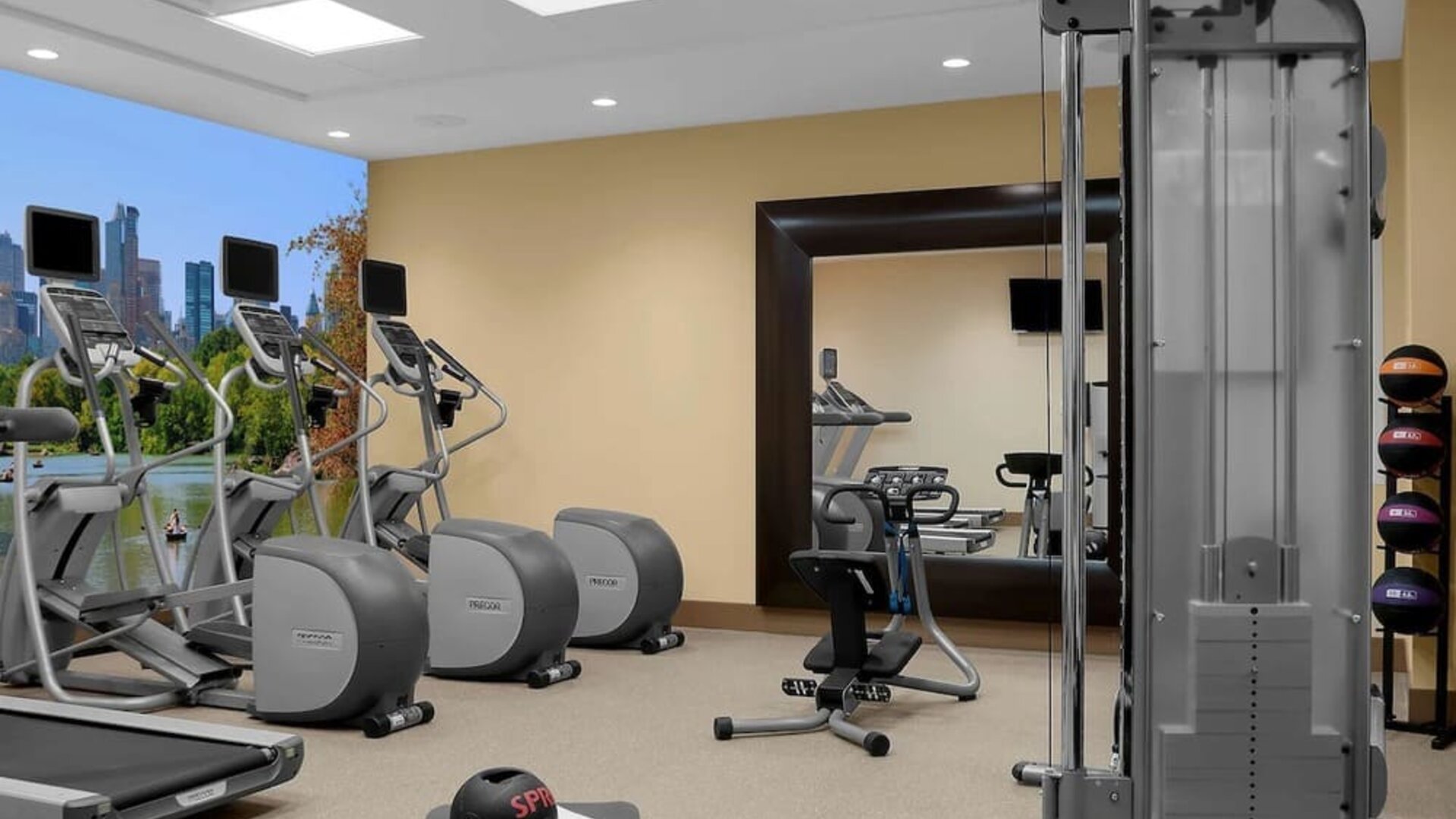 Fully equipped fitness center at Hilton Garden Inn New York/Times Square Central.