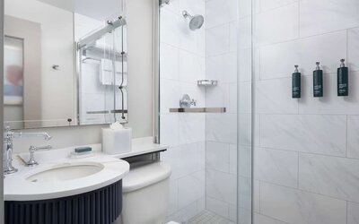 Private guest bathroom with shower and free toiletries at Hilton Orrington/Evanston.