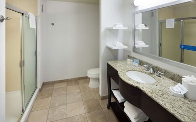 Private guest bathroom with shower and free toiletries at Hampton Inn Los Angeles-Orange County-Cypress.