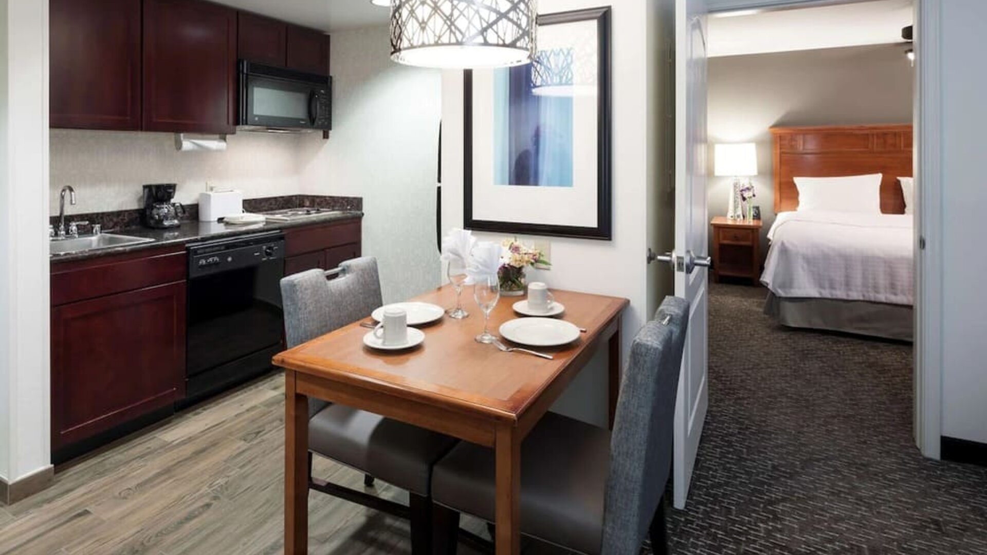 Day use suite with in-room kitchen and lounge area at Homewood Suites By Hilton Agoura Hills.