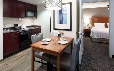 Day use suite with in-room kitchen and lounge area at Homewood Suites By Hilton Agoura Hills.