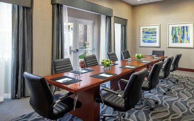 Professional meeting room with ergonomic chairs at Homewood Suites By Hilton Agoura Hills.