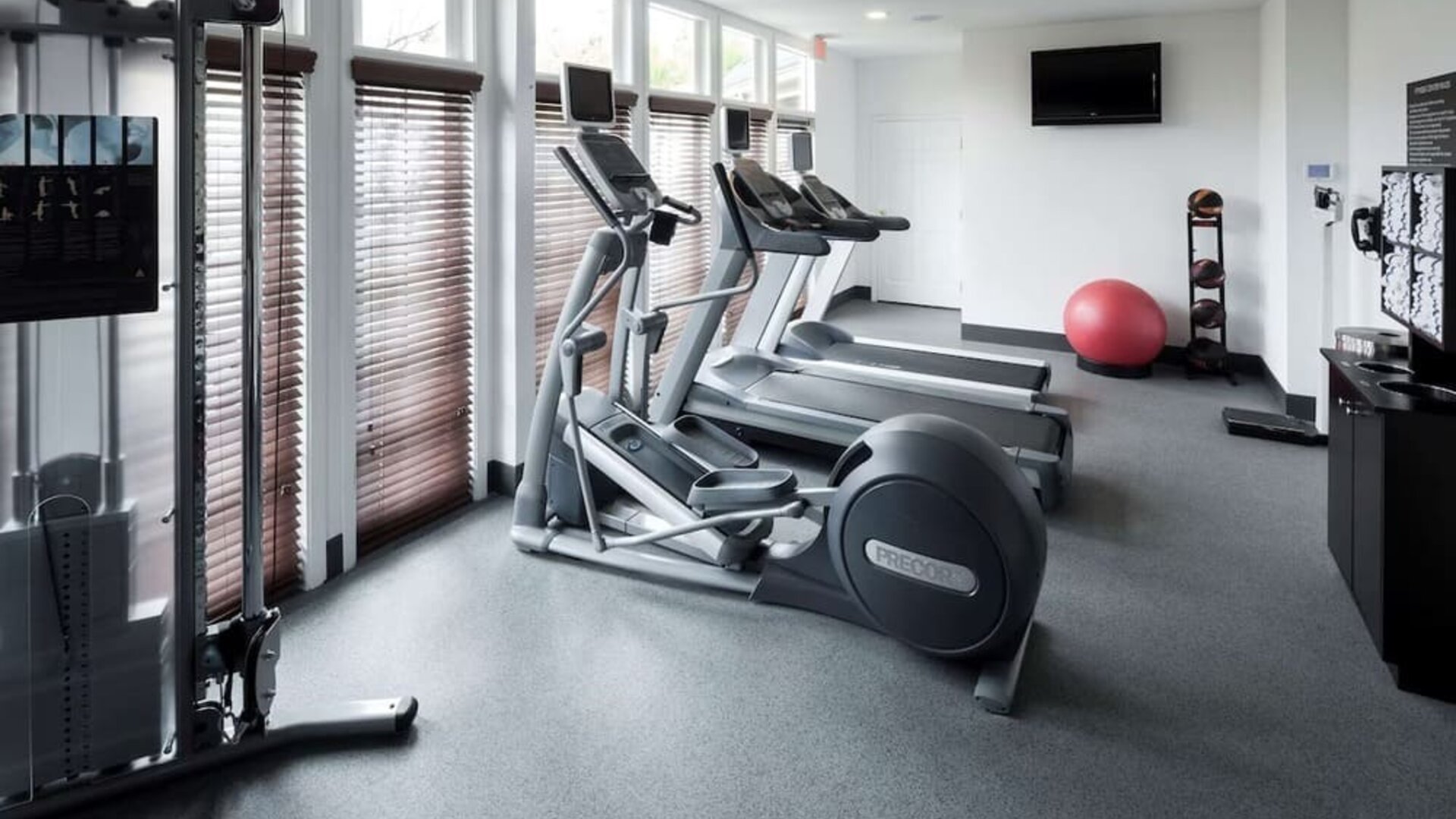 Well equipped fitness center at Homewood Suites By Hilton San Jose Airport-Silicon Valley.
