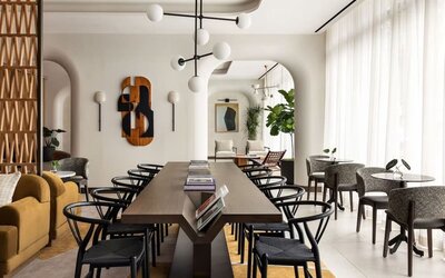 Lobby workspace perfect for coworking at Kimpton Theta New York - Times Square.