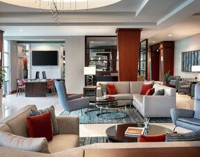 Lobby lounge and workspace at DoubleTree By Hilton San Francisco Airport North Bayfront.