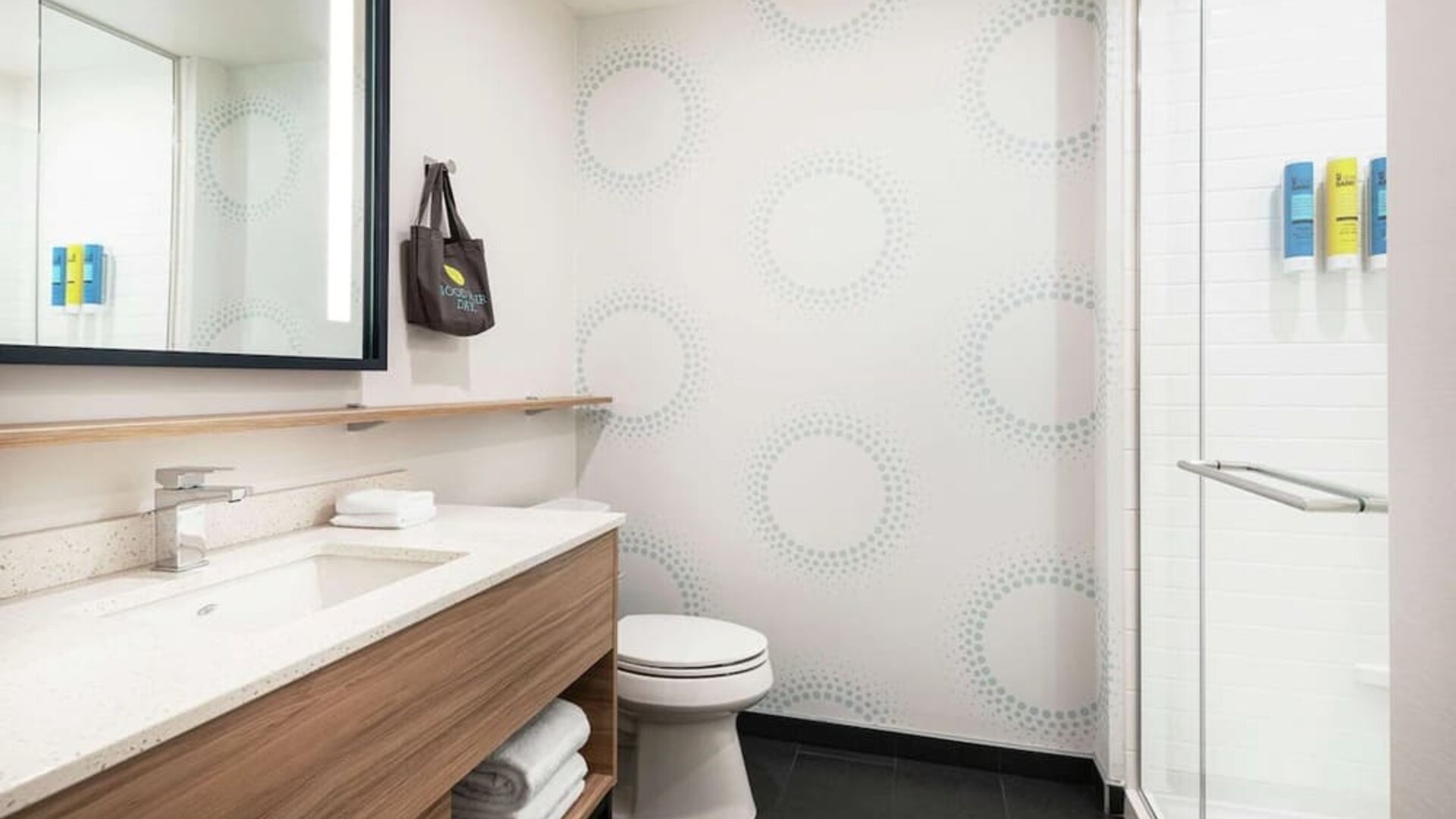 Private guest bathroom at Tru By Hilton Denver Downtown Convention Center.