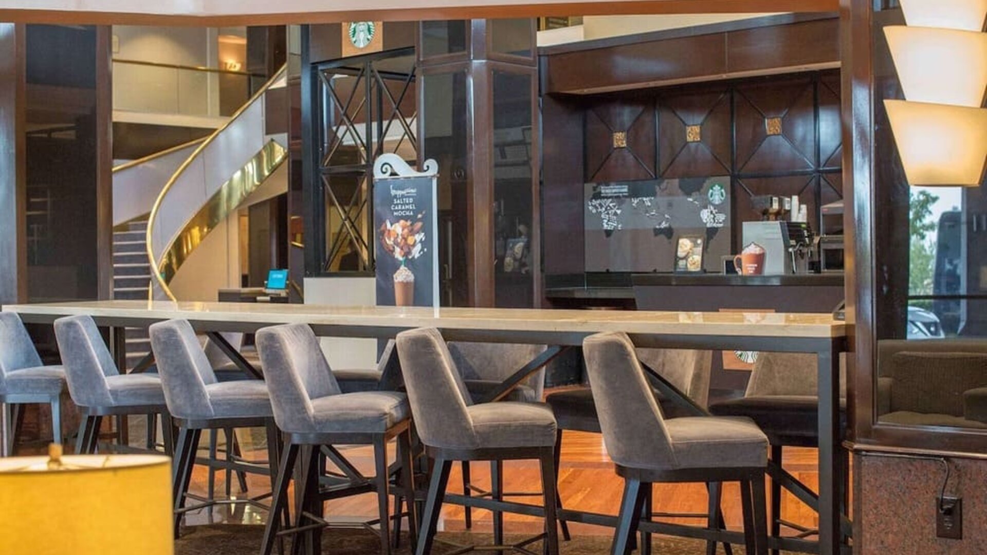 Lobby workspace and coffee shop at Hilton Newark Airport.